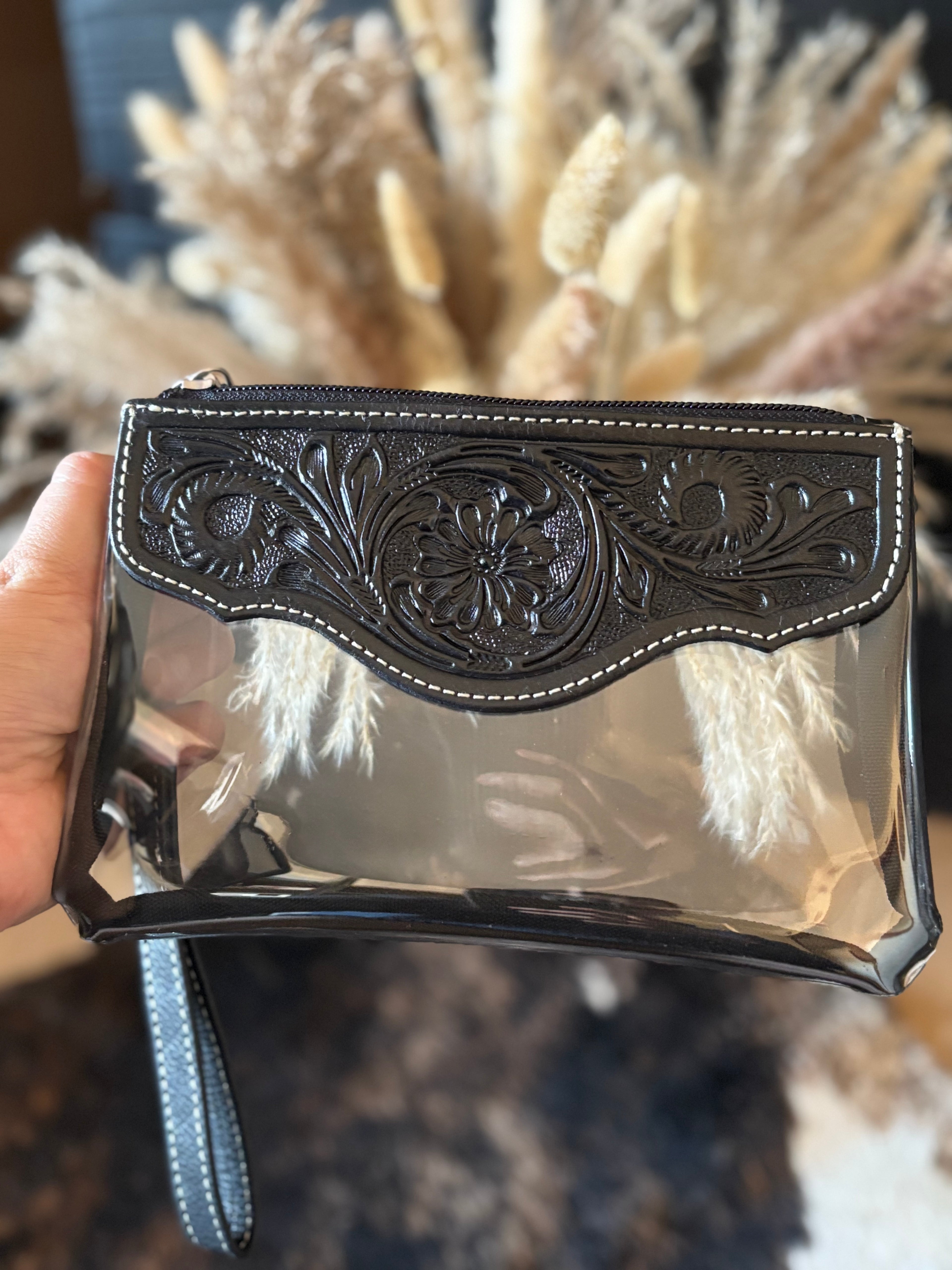 Clear Leather Tooled Clutch