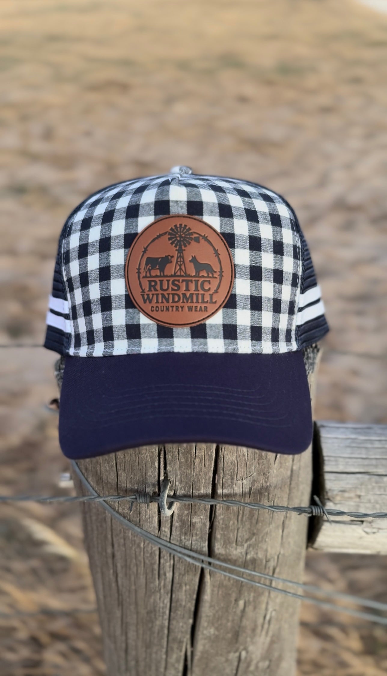 Navy Blue Gingham Trucker Cap