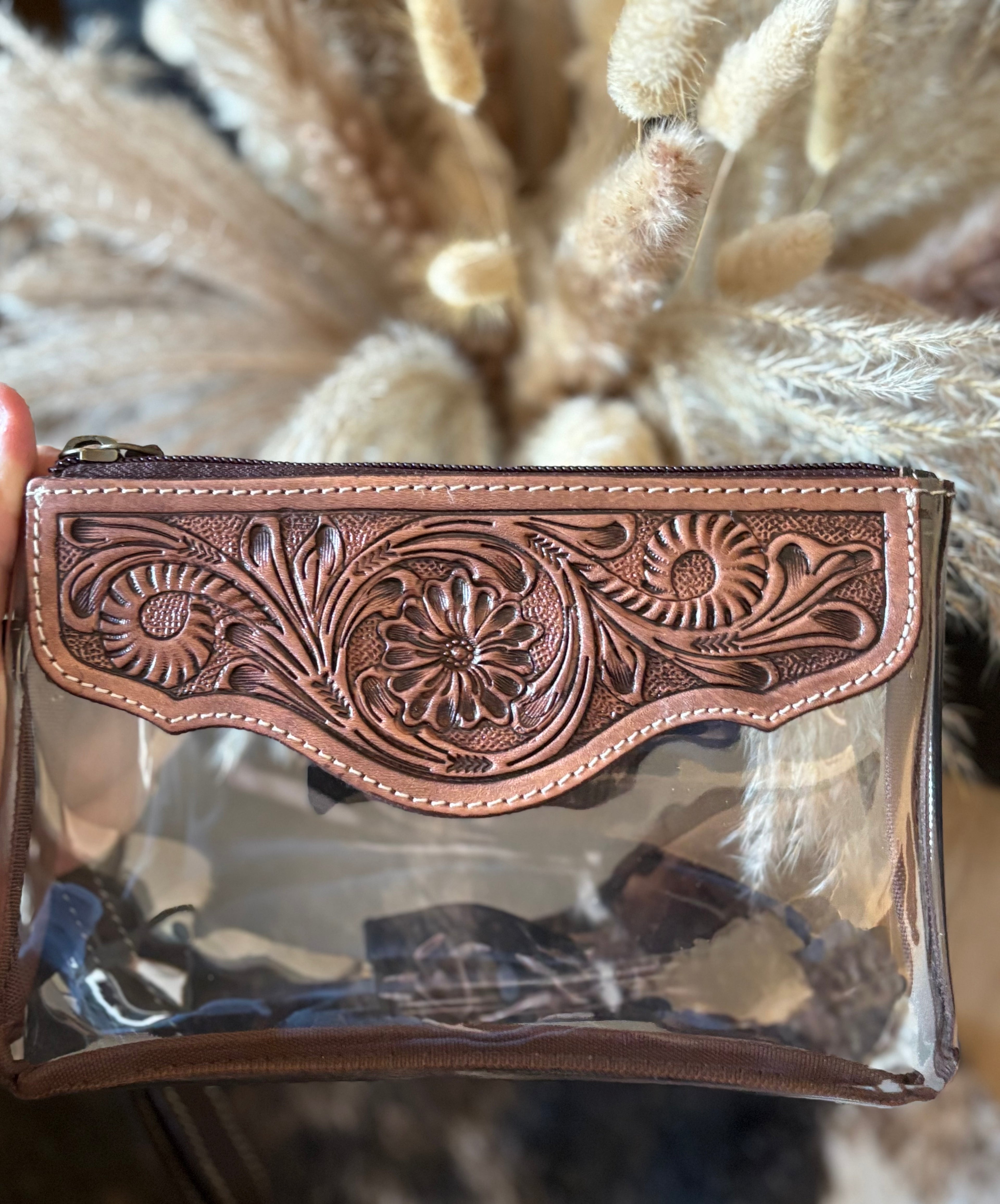 Clear Leather Tooled Clutch