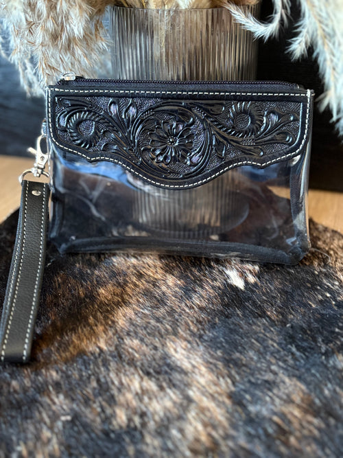 Clear Leather Tooled Clutch