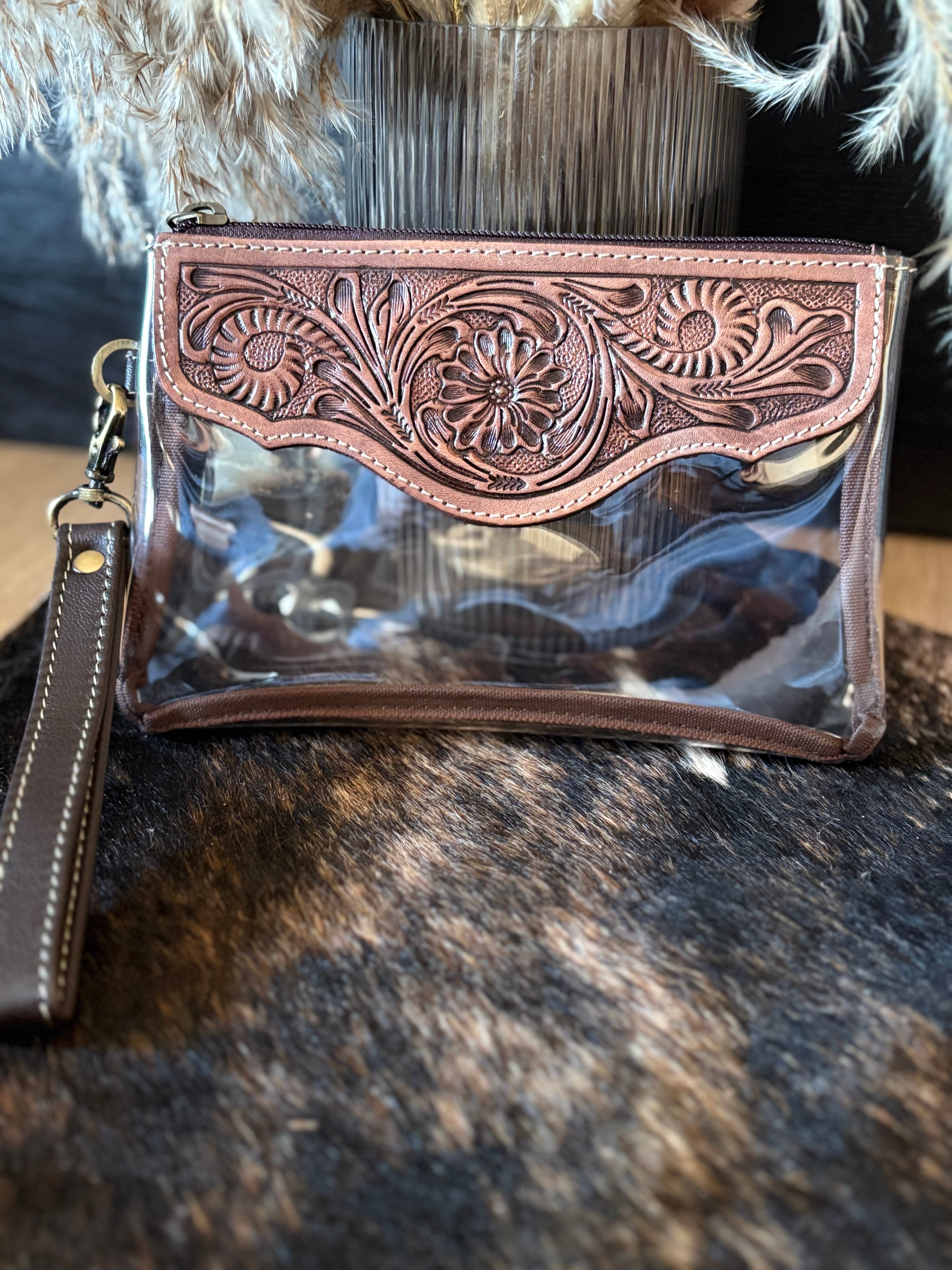 Clear Leather Tooled Clutch