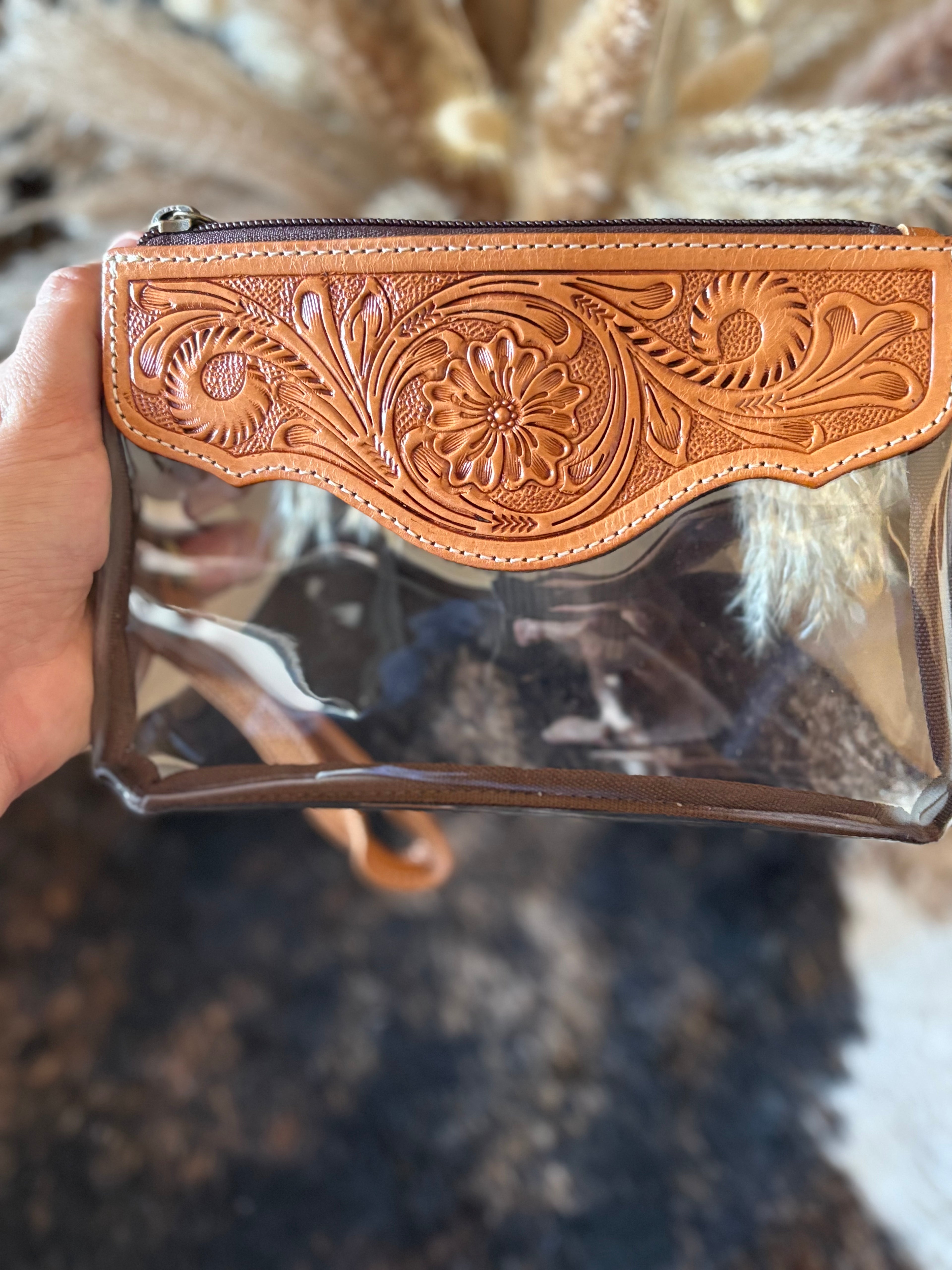Clear Leather Tooled Clutch